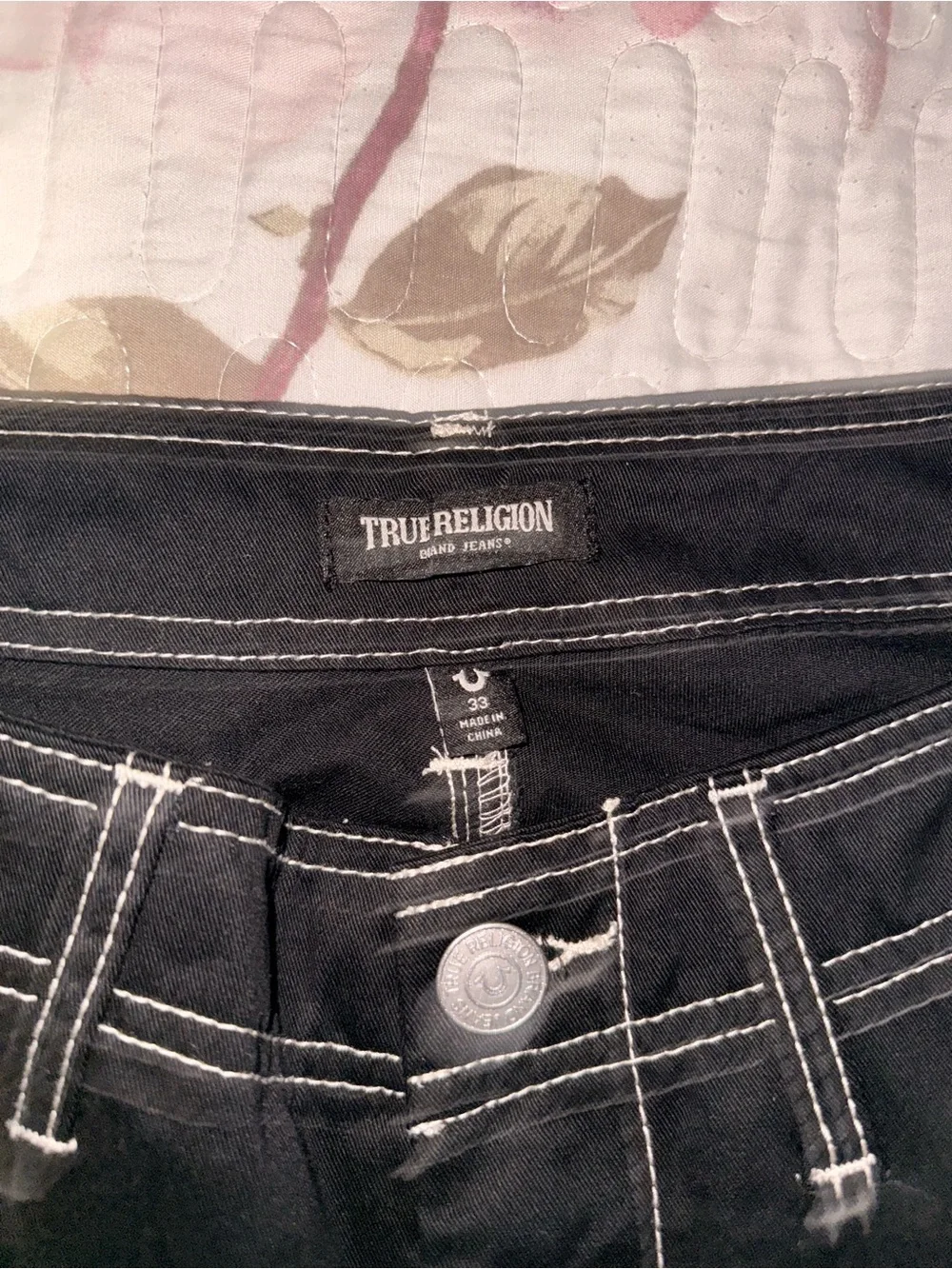 True Religion Black Jeans with White Contrast Stitching and Label Detailing